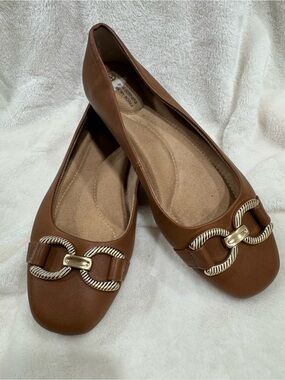 Women's Brown Slip-On Ballet Flats with Gold-Tone Linking Detail